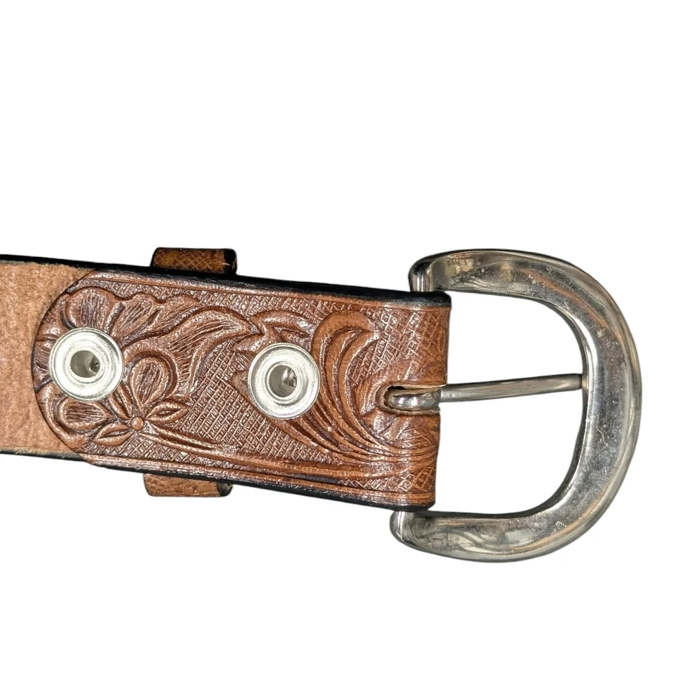 C.L. Genuine Leather Brown Embossed Floral Horse Belt Silver Buckle Size 38 - Picture 13 of 16